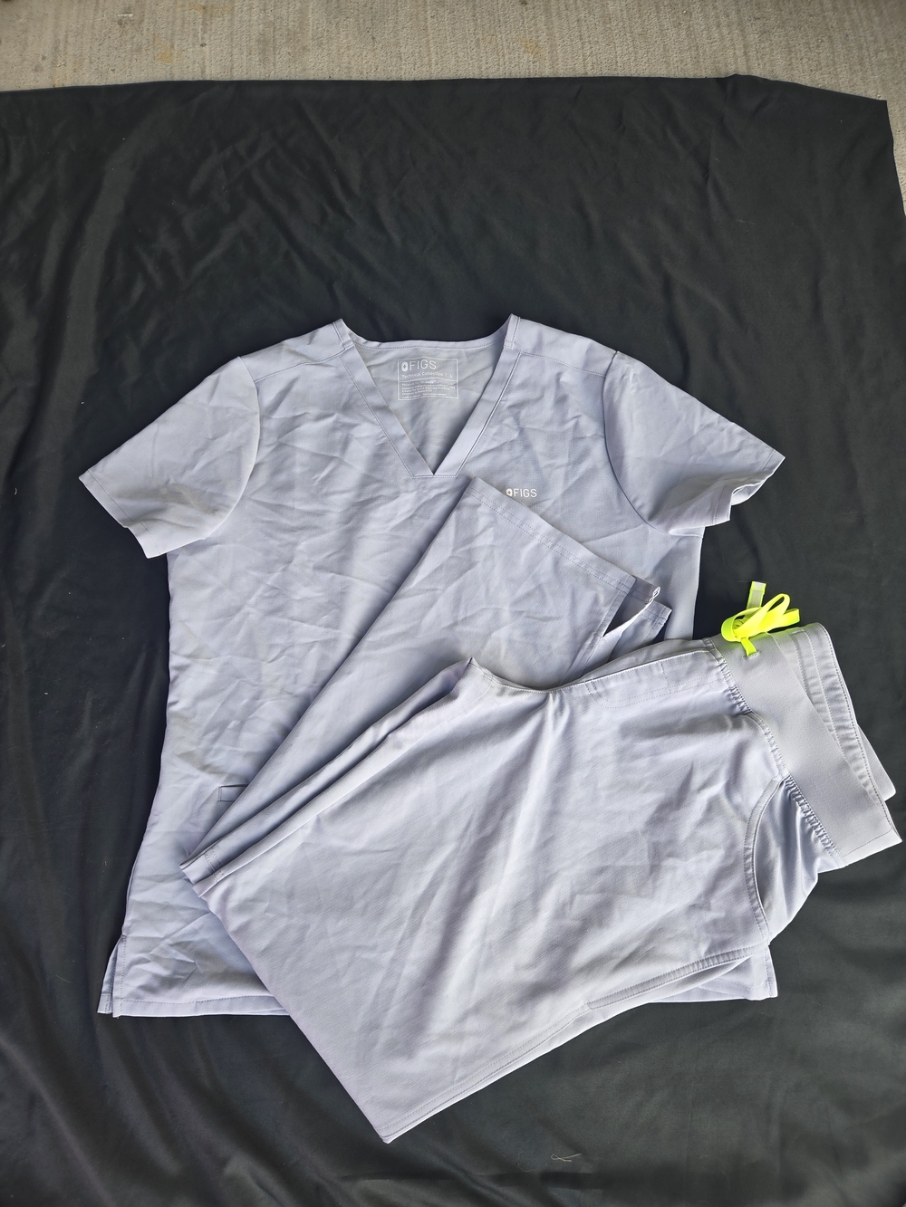 Figs Scrub Set in Light Silver with Neon Yellow Drawstring